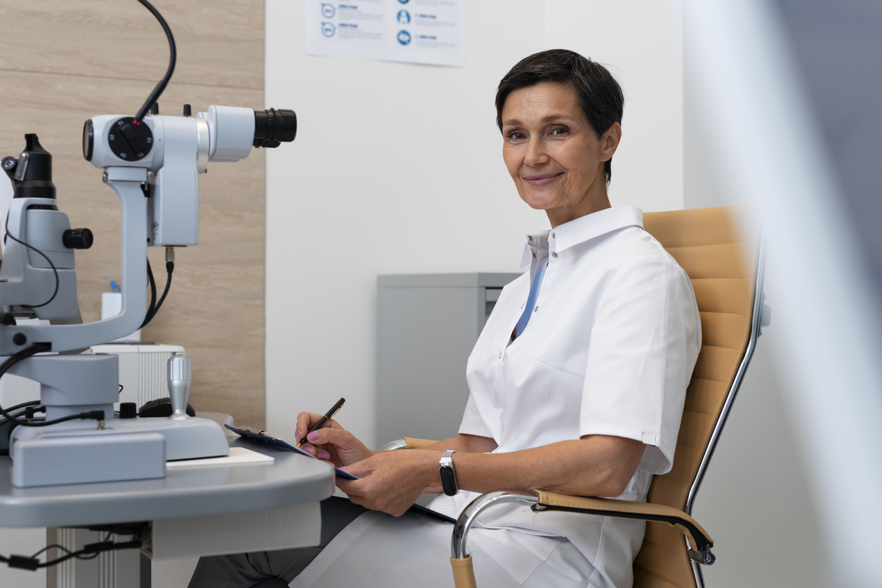 Oftalmologista em seu consultório para tratar sobre o estrabismo.